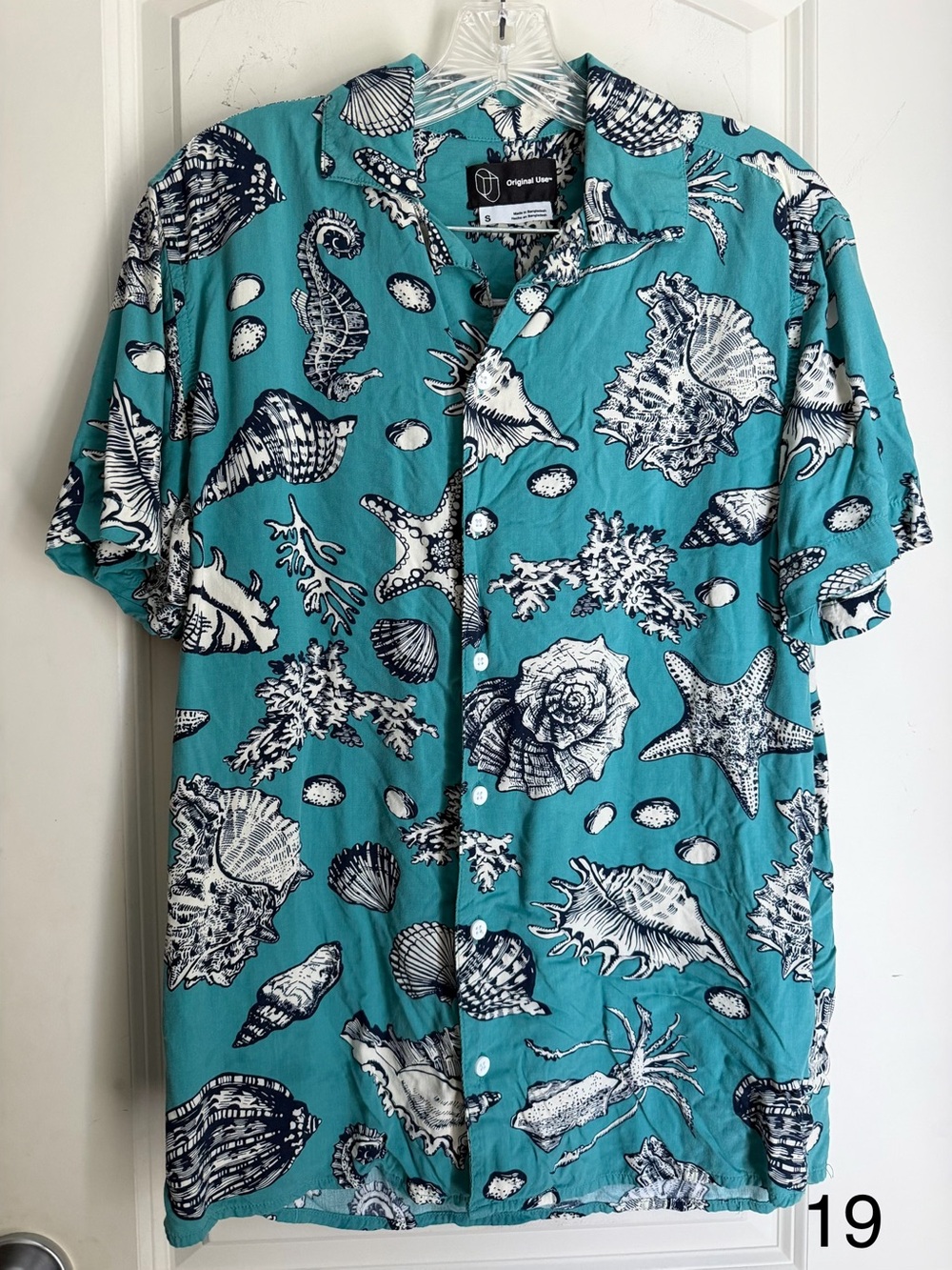 Original Use Teal rayon and White Shell-Print Short Sleeve Button-Down Shirt S